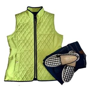 Lands End Neon Yellow Lime Green and Navy Quilted Vest Women's Size Medium